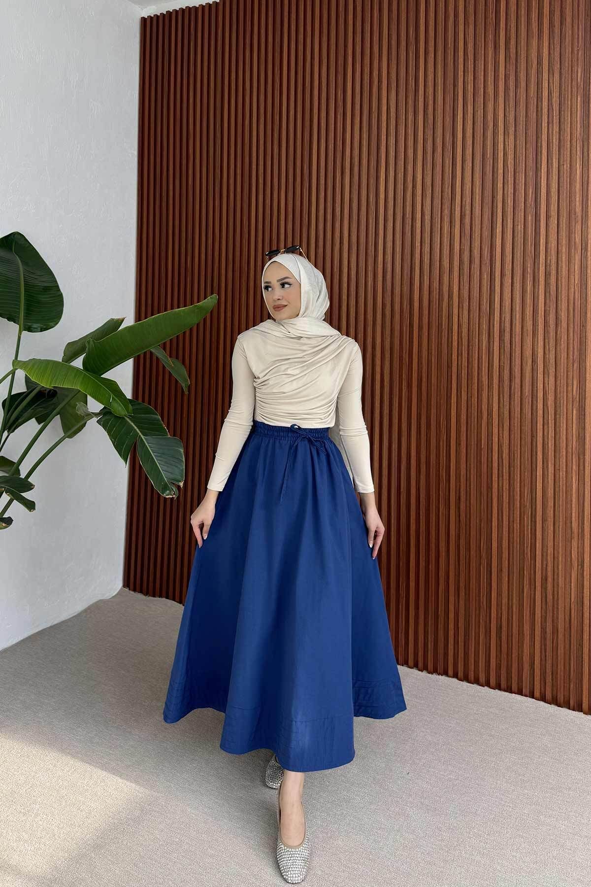 Melike Tatar-Dark Blue Elastic Waist Skirt 3-2225 4