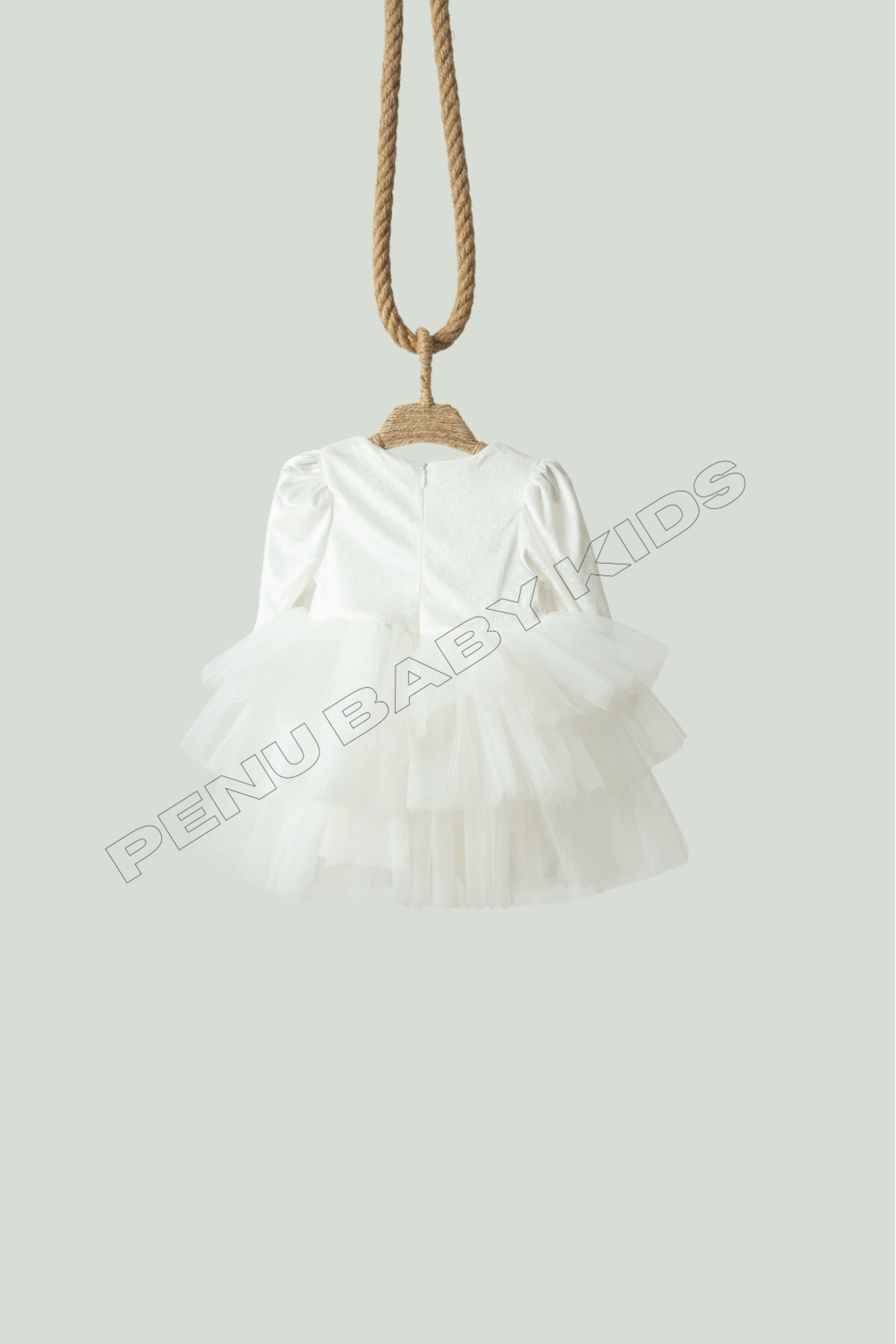 penu baby kids Ekru Kat Etekli Kadife Uzun Kollu Kız Bebek Kız Çocuk Elbise - Velvet fotoğrafı 7 (önizleme)