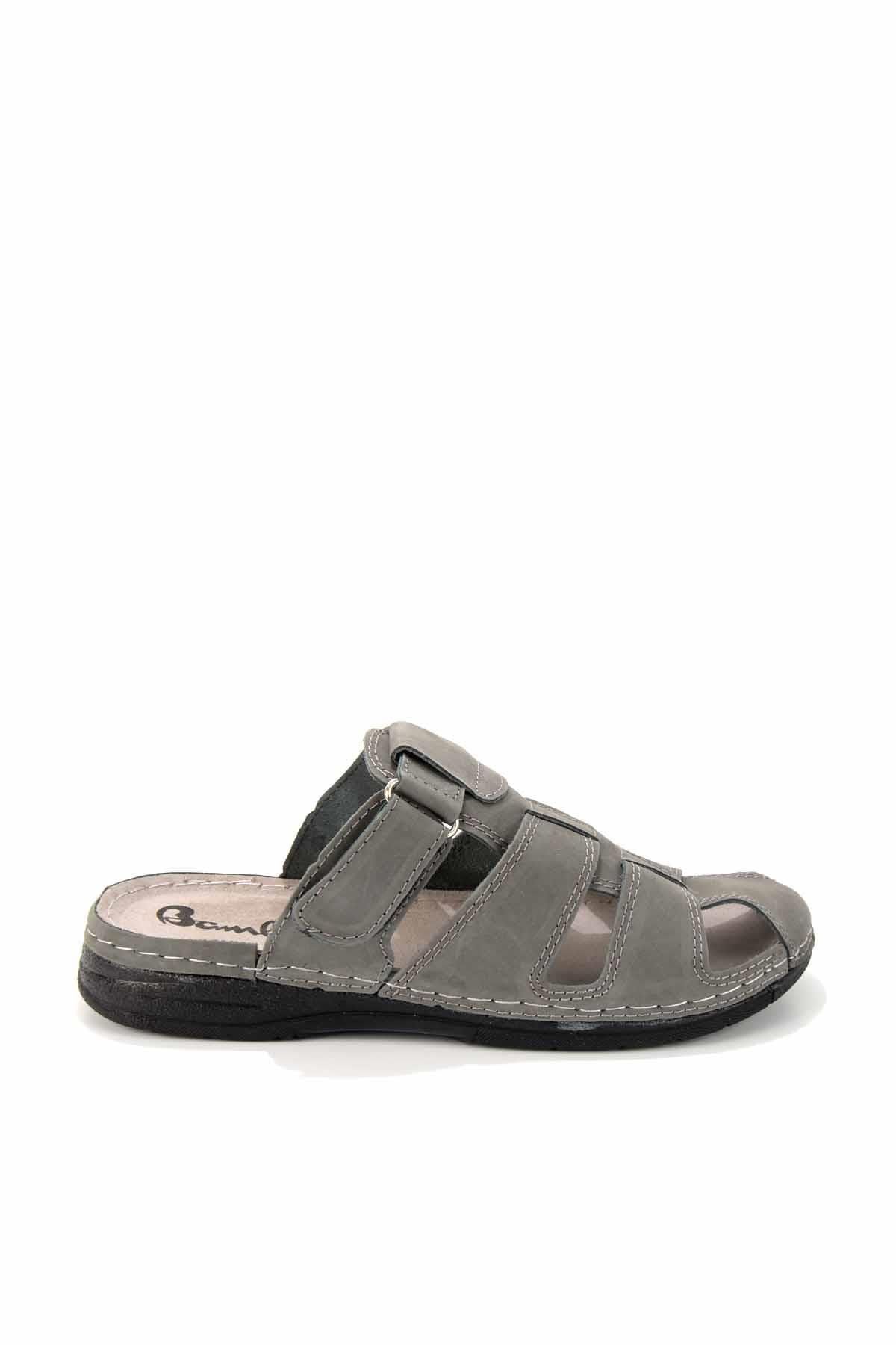 دمپایی مردانه چرم طبیعی خاکستری Nubuck E04312413301 Bambi