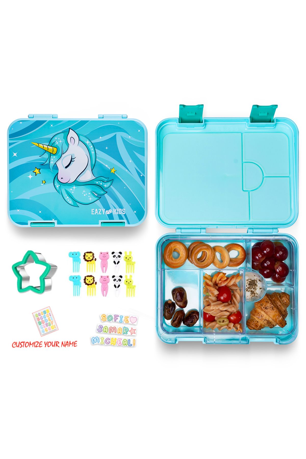 Eazy Kids-Eazy Kids Unicorn Green 6 / 4 Compartment Bento Lunch Box w / Lunch Bag - Grey 2