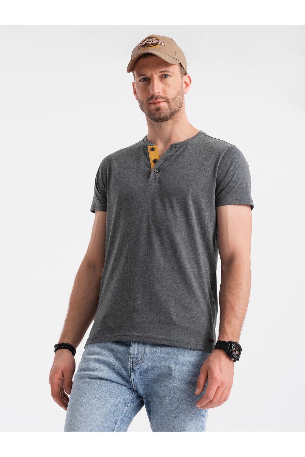 OMBRE-Ανδρικό t-shirt με στρογγυλή λαιμόκοψη henley - σκούρο γκρι V6 OM-TSCT-0155 L 3
