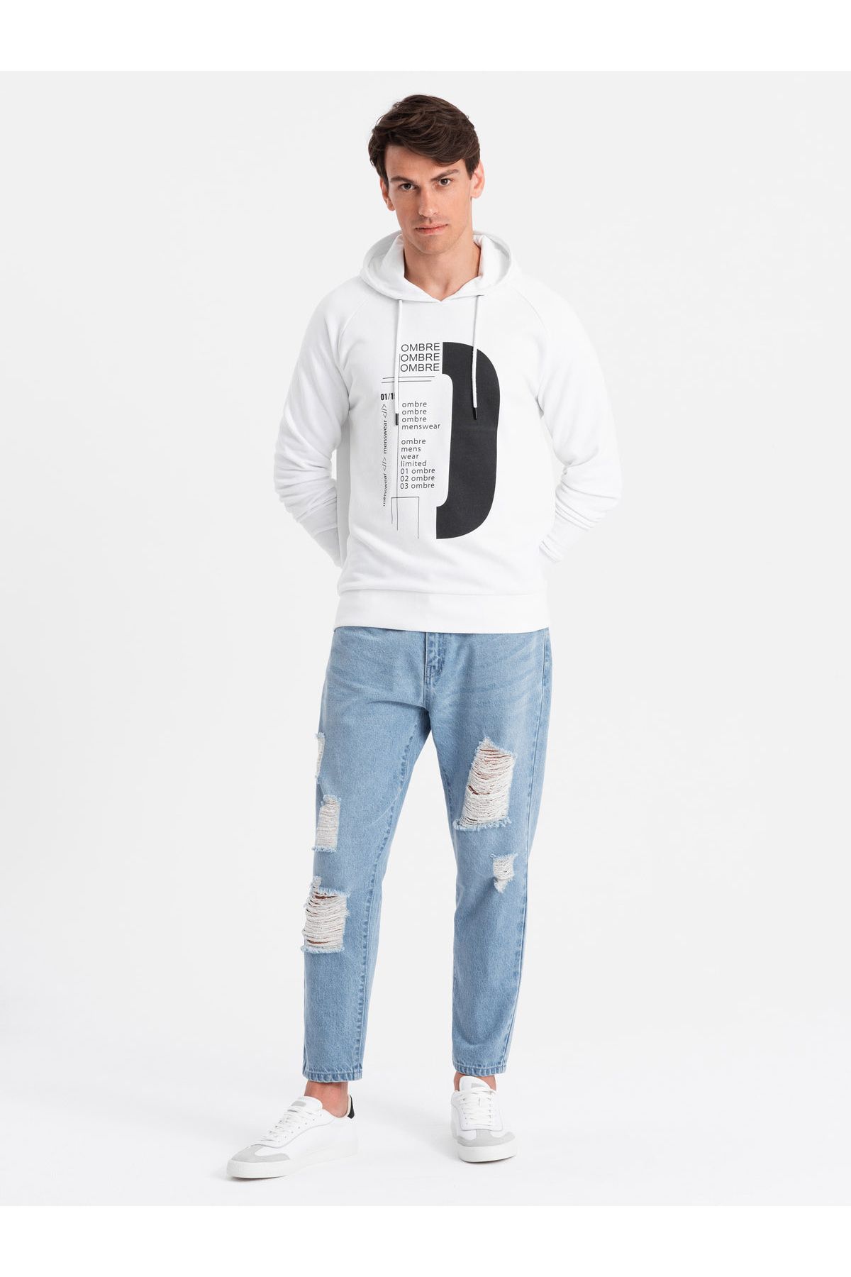 OMBRE-Ανδρικό τζιν παντελόνι TAPERED FIT με τρύπες - γαλάζιο V1 OM-PADP-0175 XXL 2