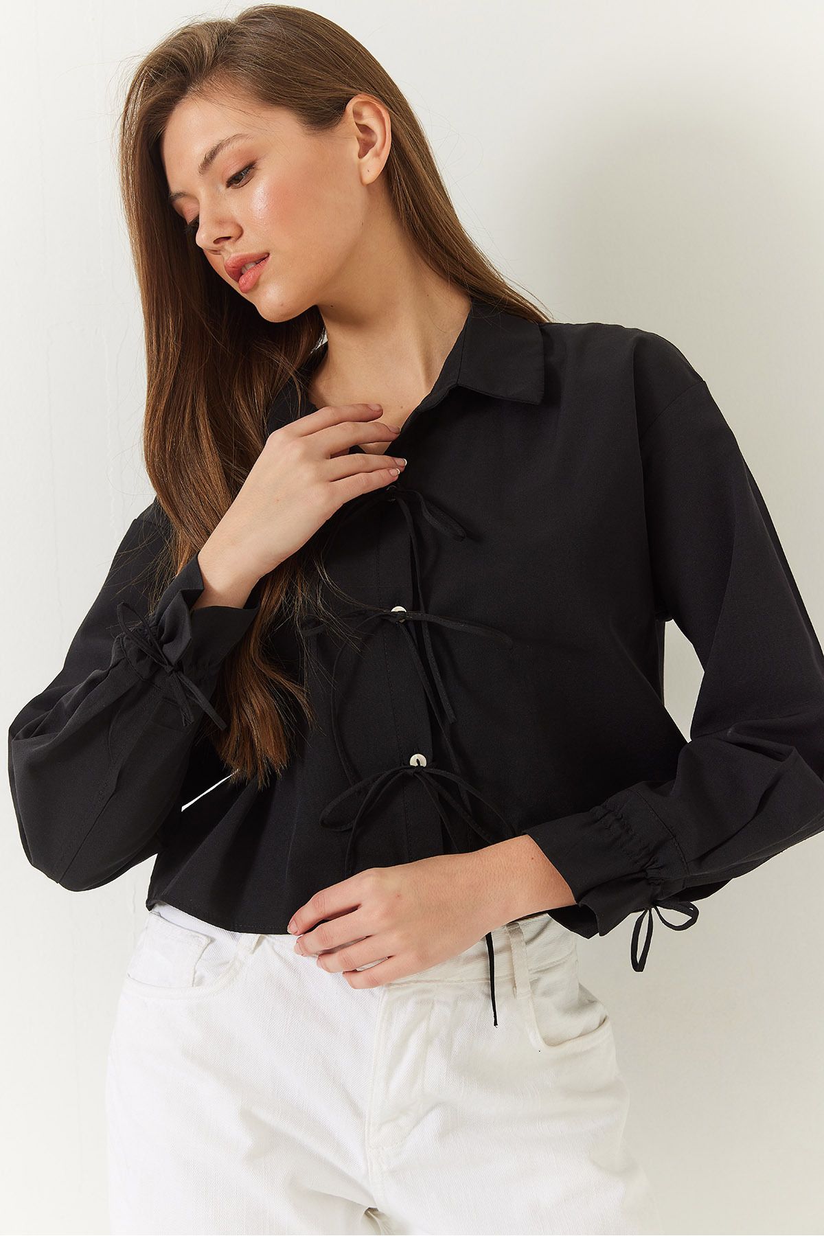 Bianco Lucci-Front and Sleeve Tie Detailed Crop Shirt 2022 60271070 3