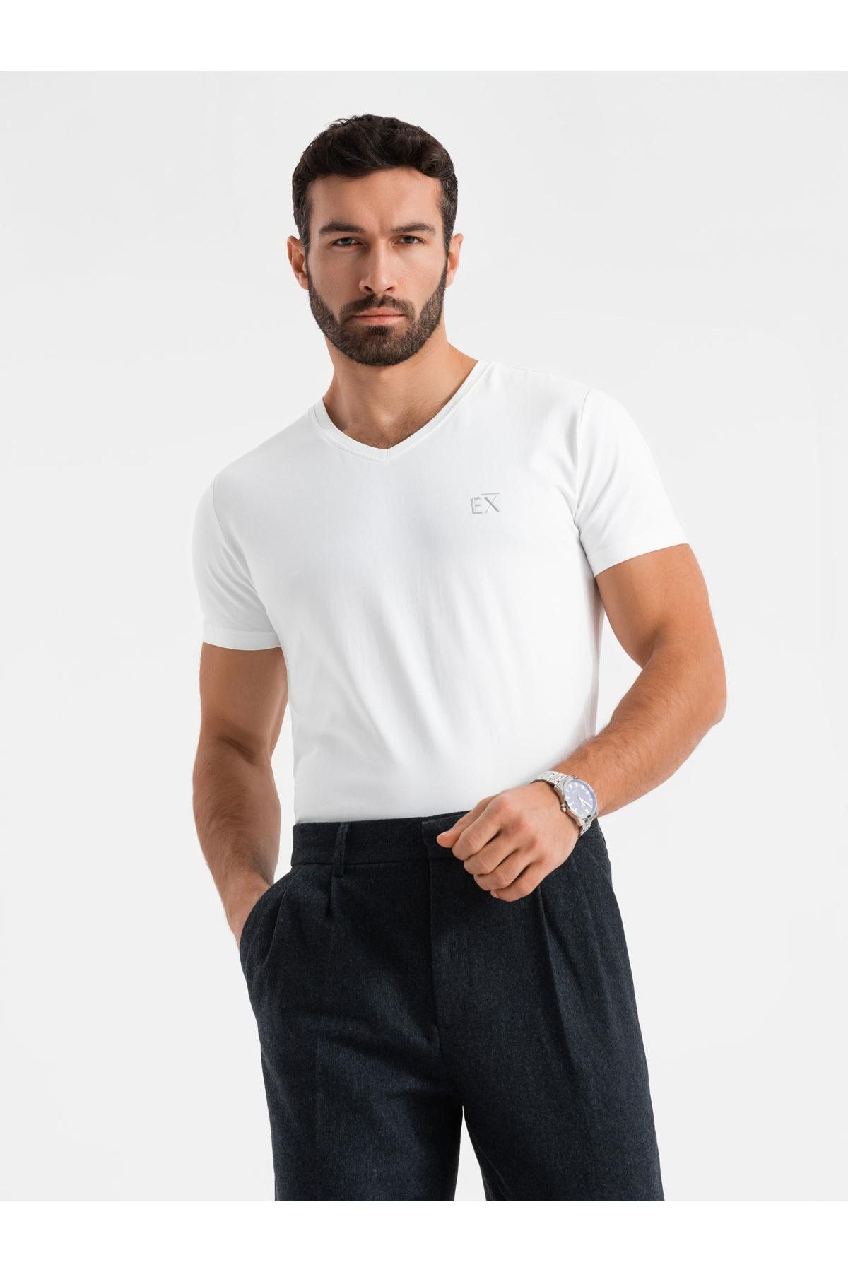 OMBRE-Ανδρικό μπλουζάκι με λαιμόκοψη SLIM FIT με ελαστάνη και στάμπα - λευκό V2 OM-TSBC-0221 XXL 5