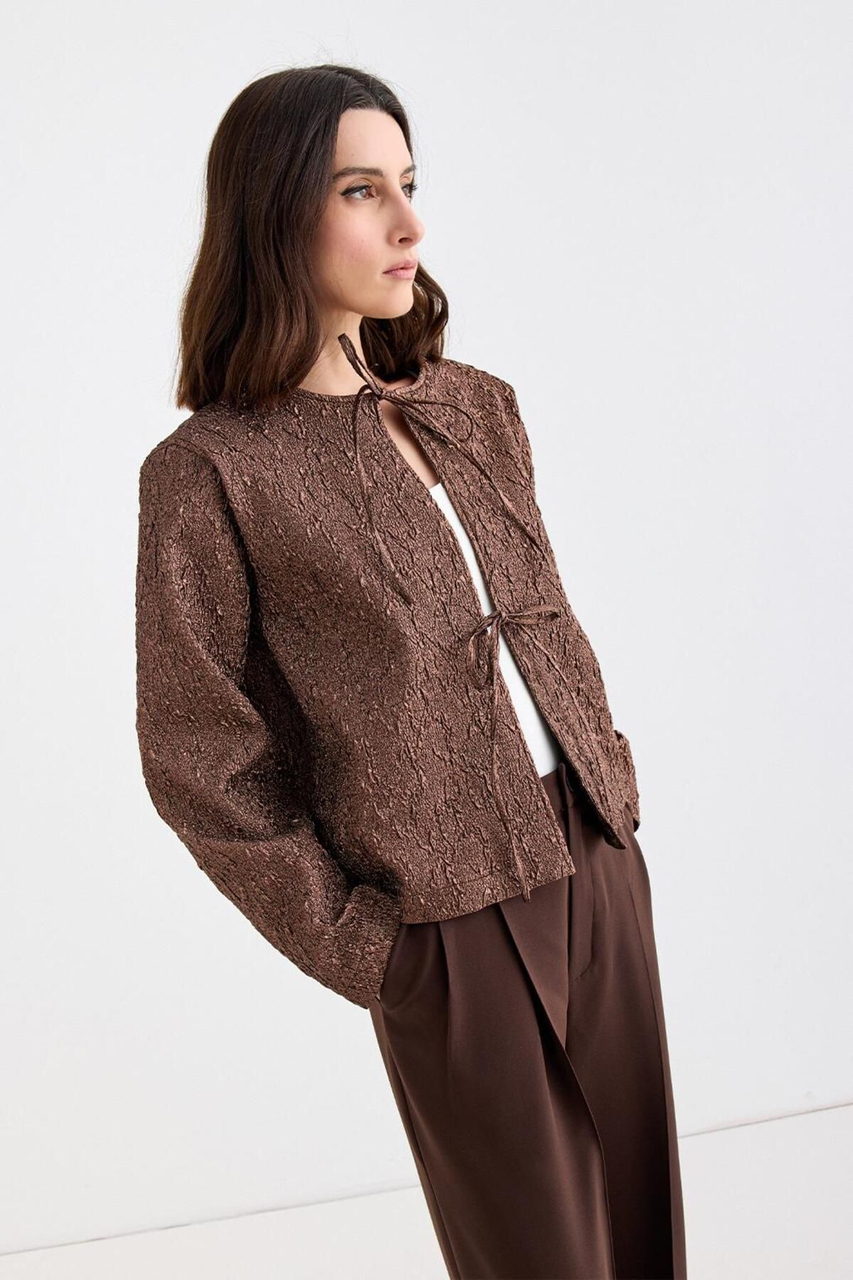 KADRİYE BAŞTÜRK-Mocha Mia Jacquard Midi Jacket 3