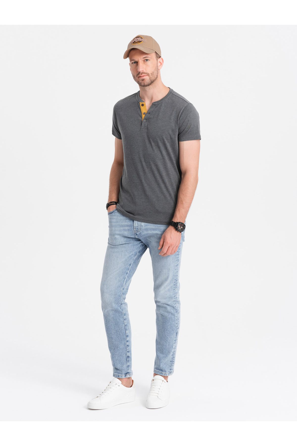 OMBRE-Ανδρικό t-shirt με στρογγυλή λαιμόκοψη henley - σκούρο γκρι V6 OM-TSCT-0155 L 4