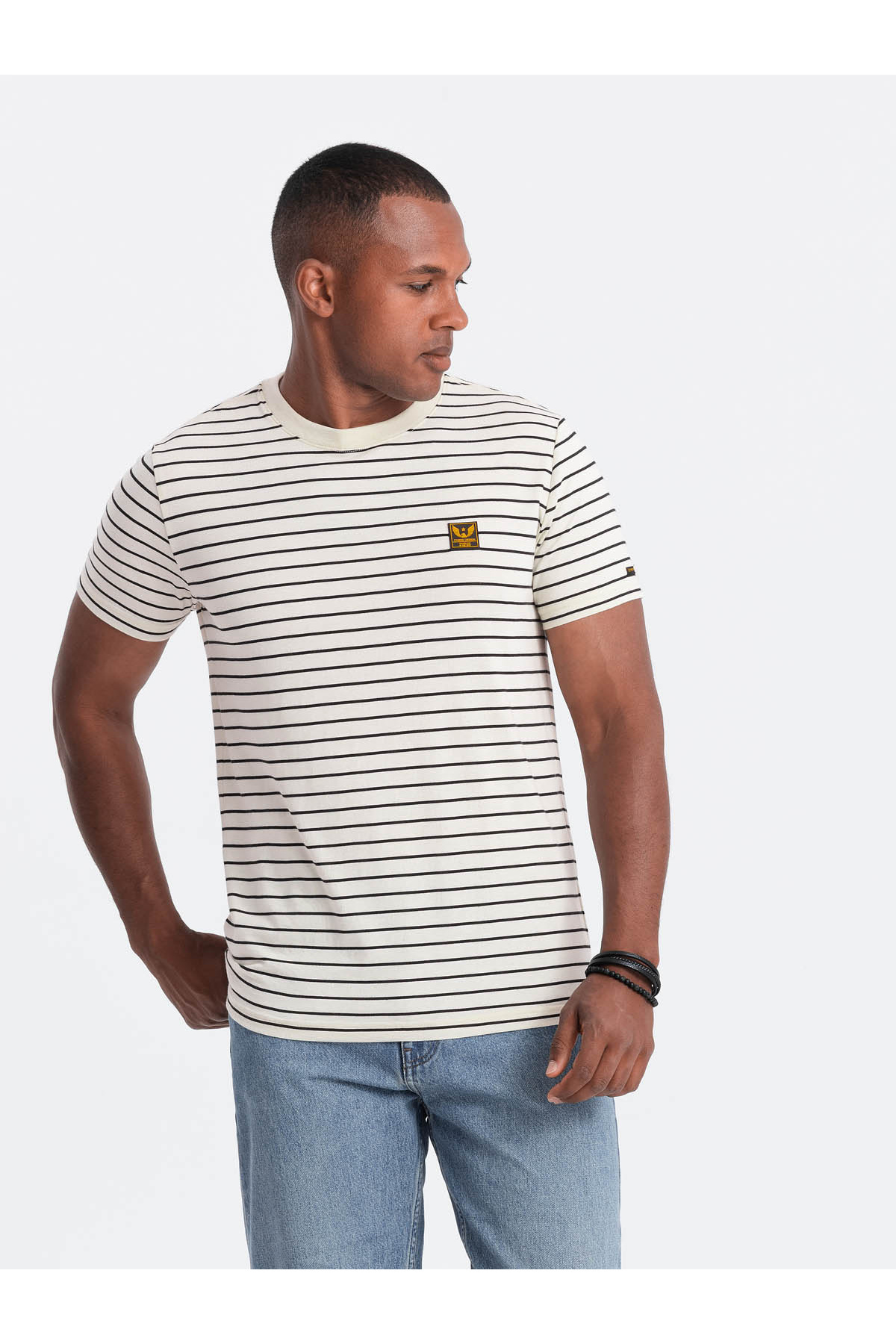 OMBRE-Men's striped t-shirt with patch by Ombre Design - cream and black V1 OM-TSCT-0183 S 4