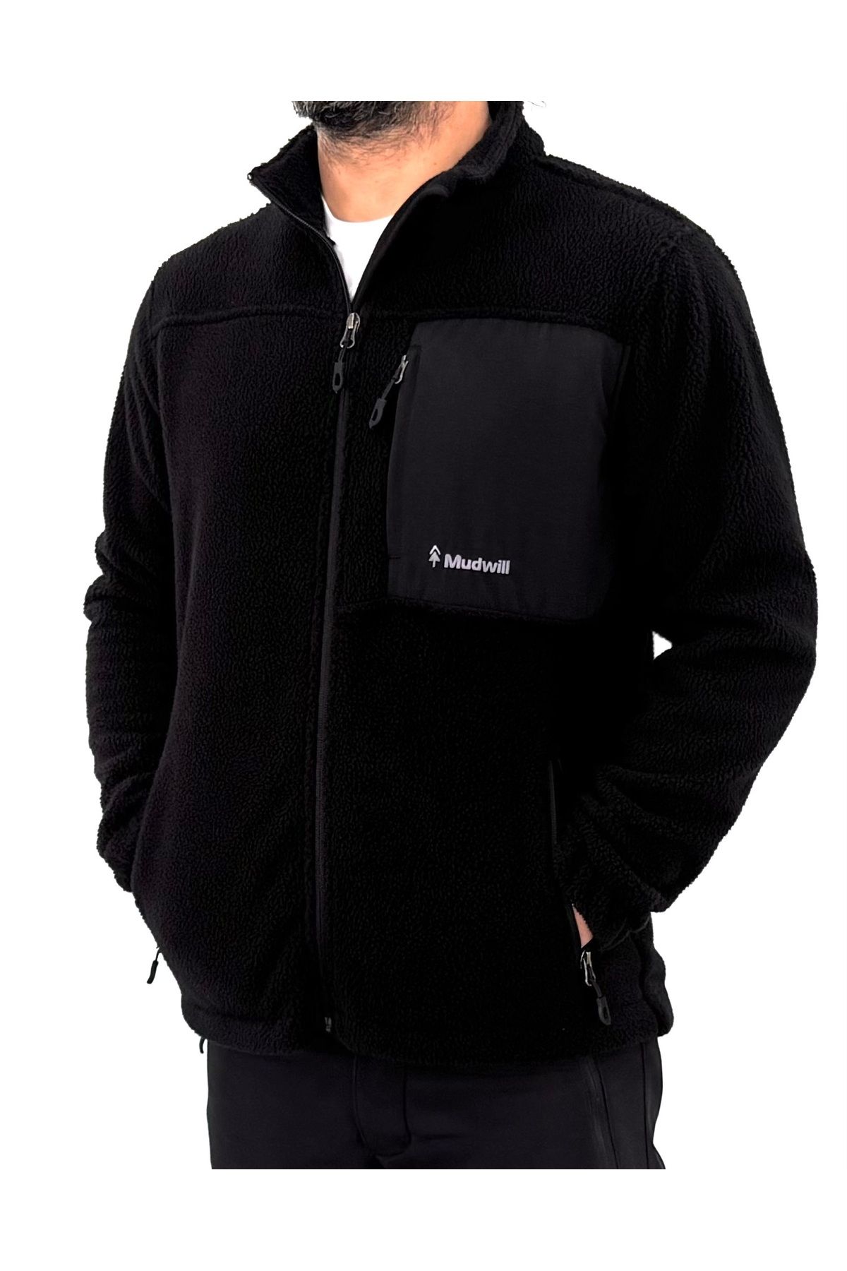 Mudwill-Black Full Zip Sherpa Men's Fleece Jacket 4