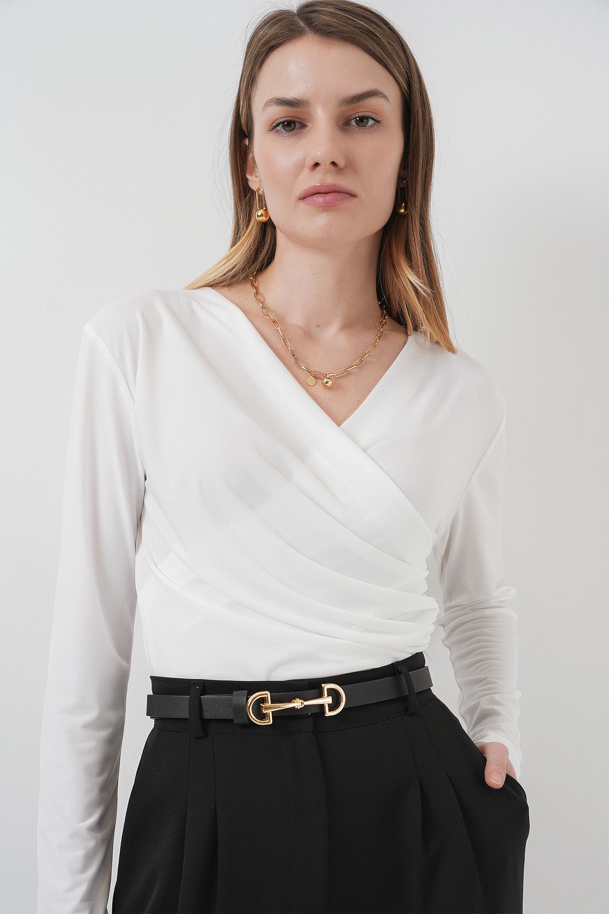 Bigdart-939 Wrap Collar Sandy Blouse - White 1