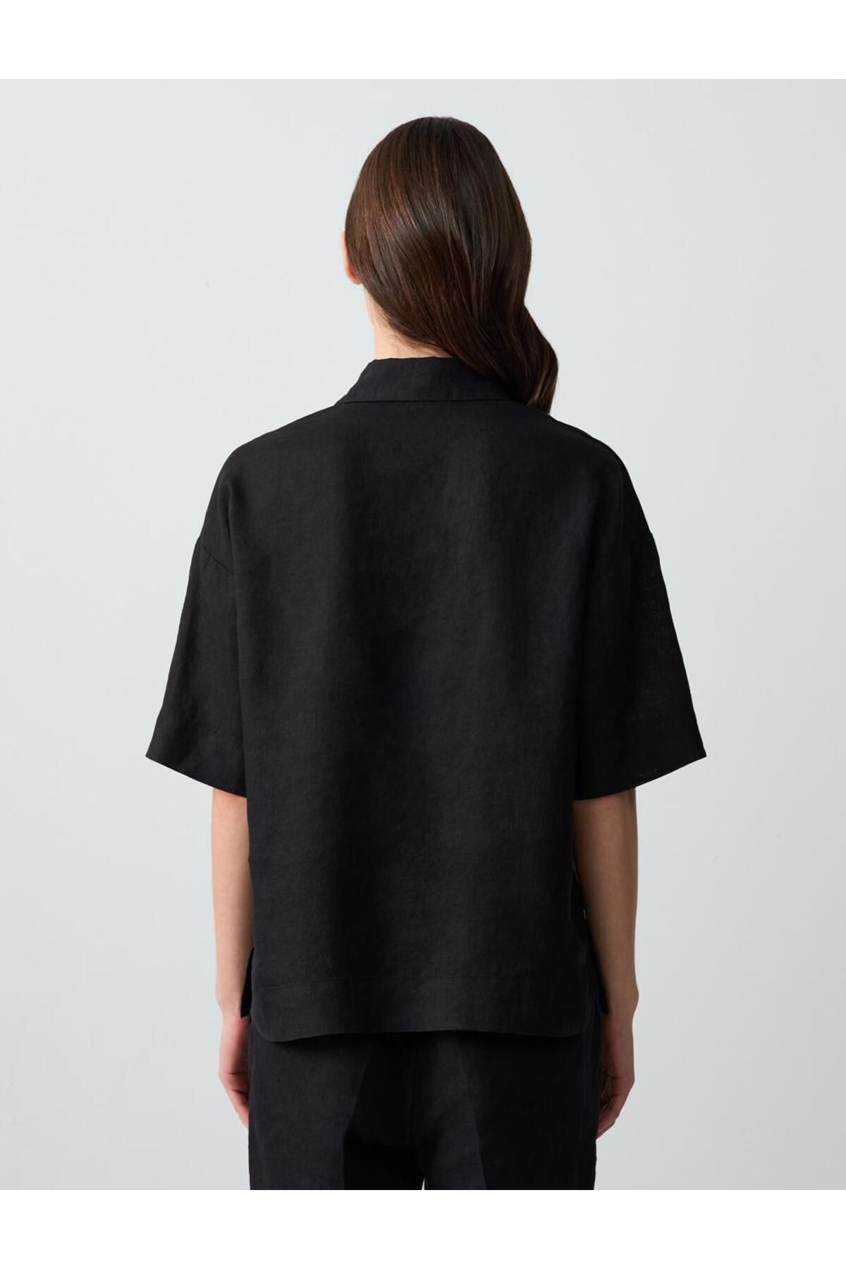 Jimmy Key-Black Straight Cut Short Sleeve Woven Linen Shirt 6