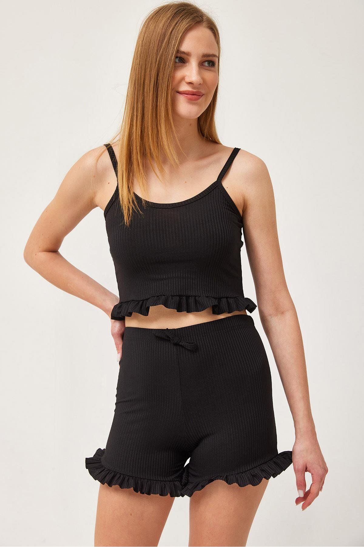 VOLT CLOTHİNG-Damen-Pyjama-Set mit Rüschen und Shorts 3