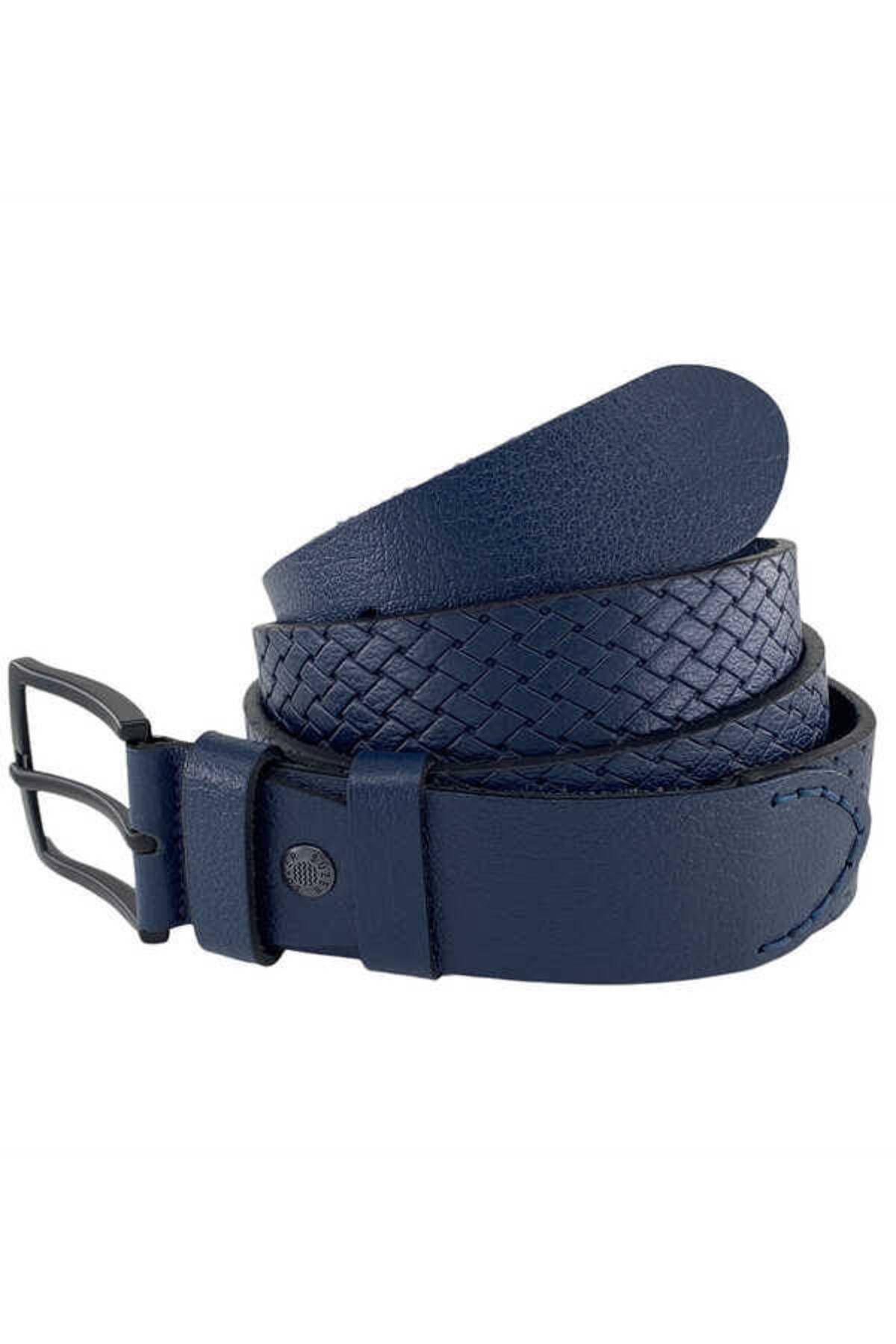 S.S SÜZER DERİ-Navy Blue Genuine Leather Special Production 3-Piece Handcrafted 4 cm Unisex Sports Jeans Belt 2