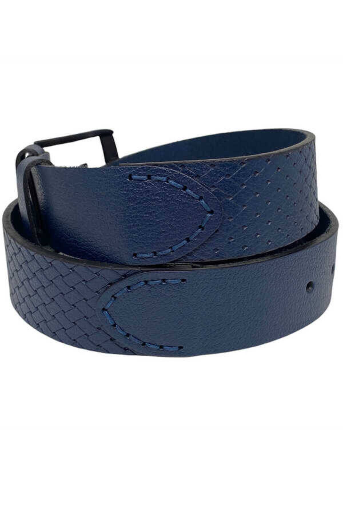 S.S SÜZER DERİ-Navy Blue Genuine Leather Special Production 3-Piece Handcrafted 4 cm Unisex Sports Jeans Belt 5