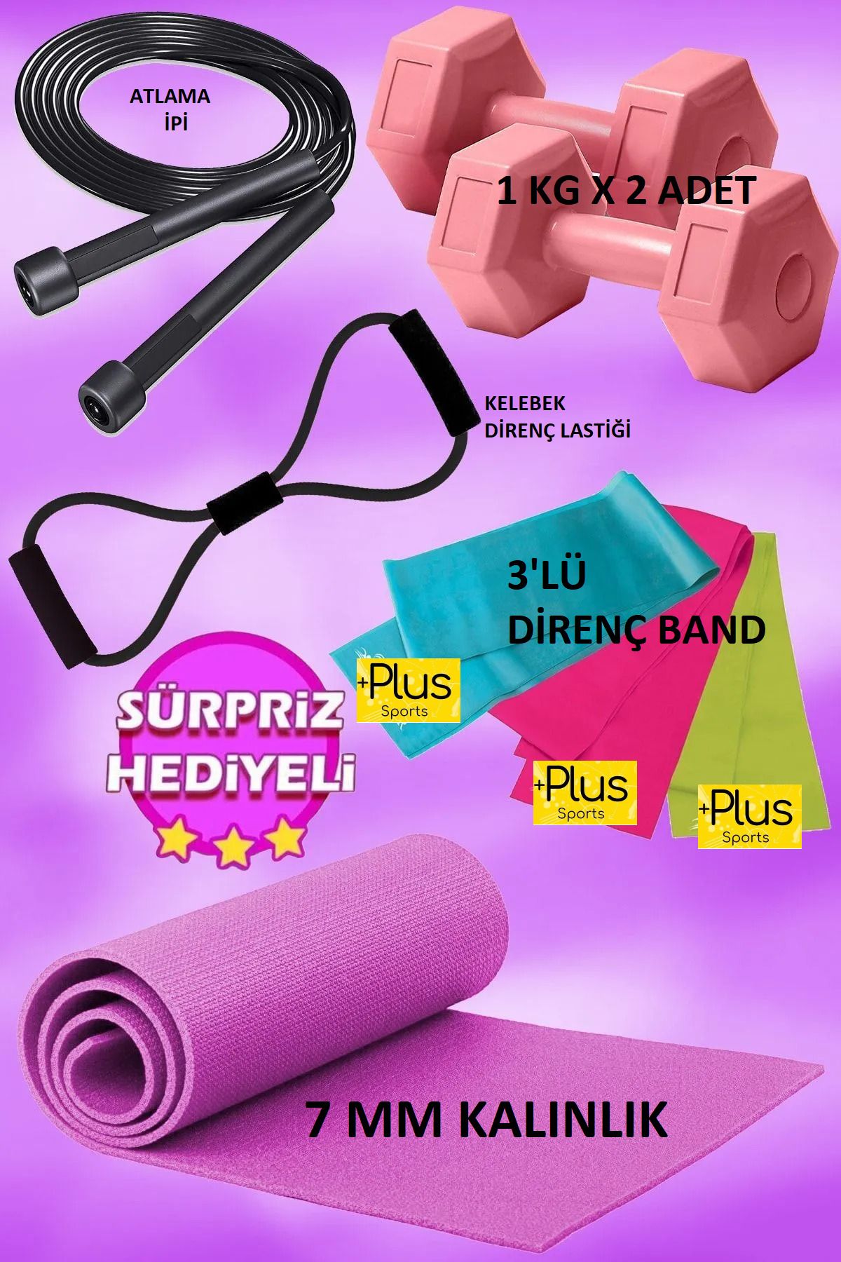 PLUSSPORT 7'Lİ PİLATES YOGA SETİ PREMİUM SERİSİ YOGA MATI DİRENÇ BAND ATLAMA İPİ SEKİZGEN LASTİK SÜPRİZLİ