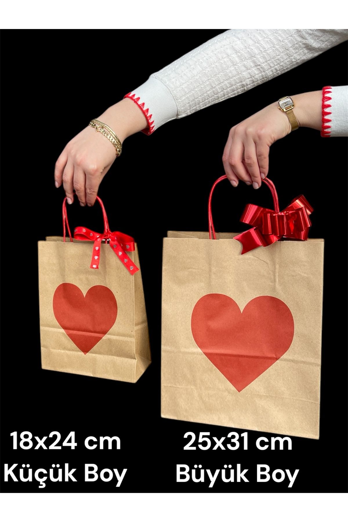 HUR-AY PACK 24 Bucăți Pungi De Hârtie Kraft Cu Model De Inimă Roșie Pentru Ziua Îndrăgostiților - 12 Mari + 12 Mici - One Size