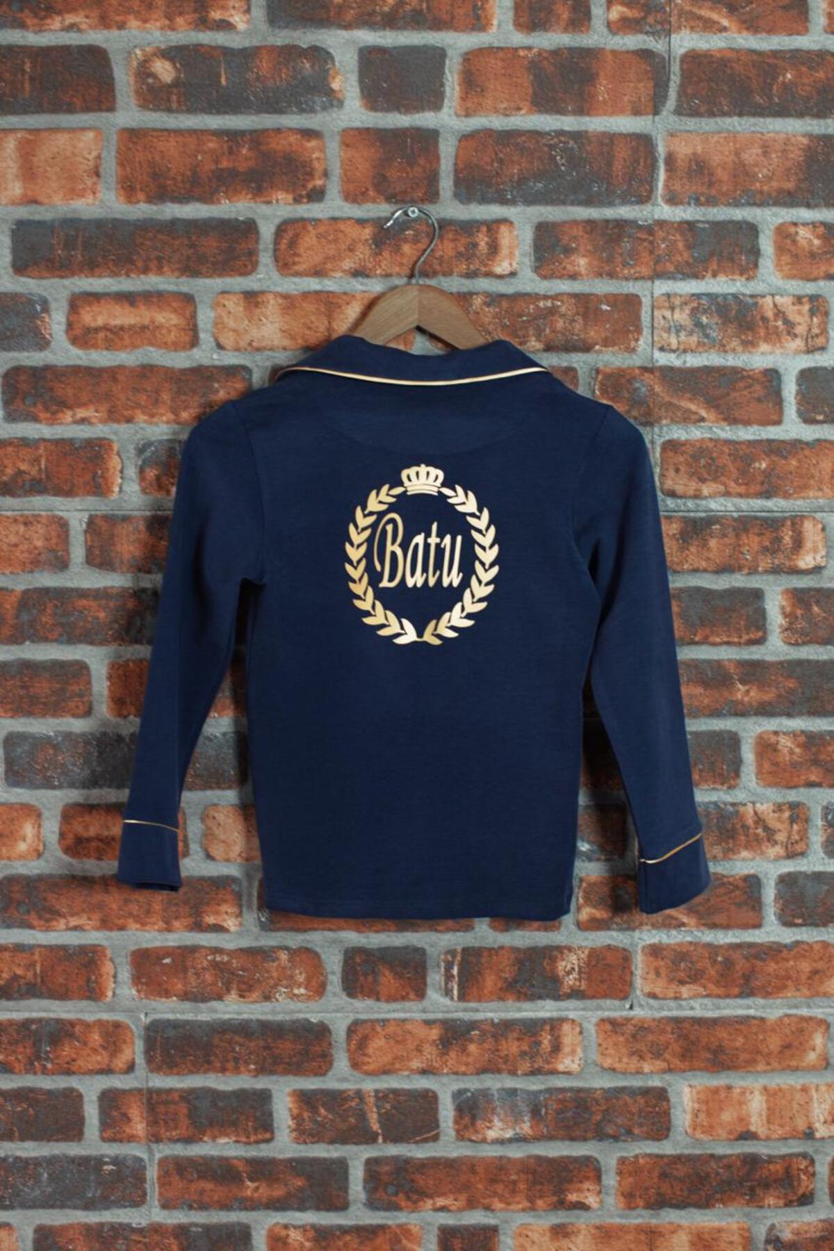 ADEREN KİDS KIŞLIK SÜNNET PİJAMASI PAMUK İSİM BASKILI LACİVERT GOLD fotoğrafı 3 (önizleme)