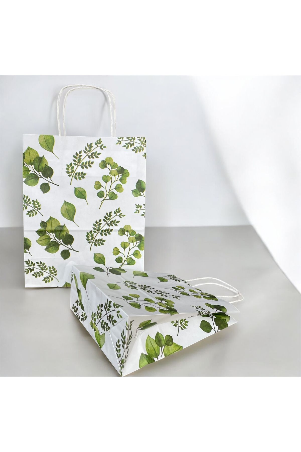 HUR-AY PACK-24 Pcs- Custom Design Leaves Printed White Paper Bags /12 Large +12 Small/ Total 24 6