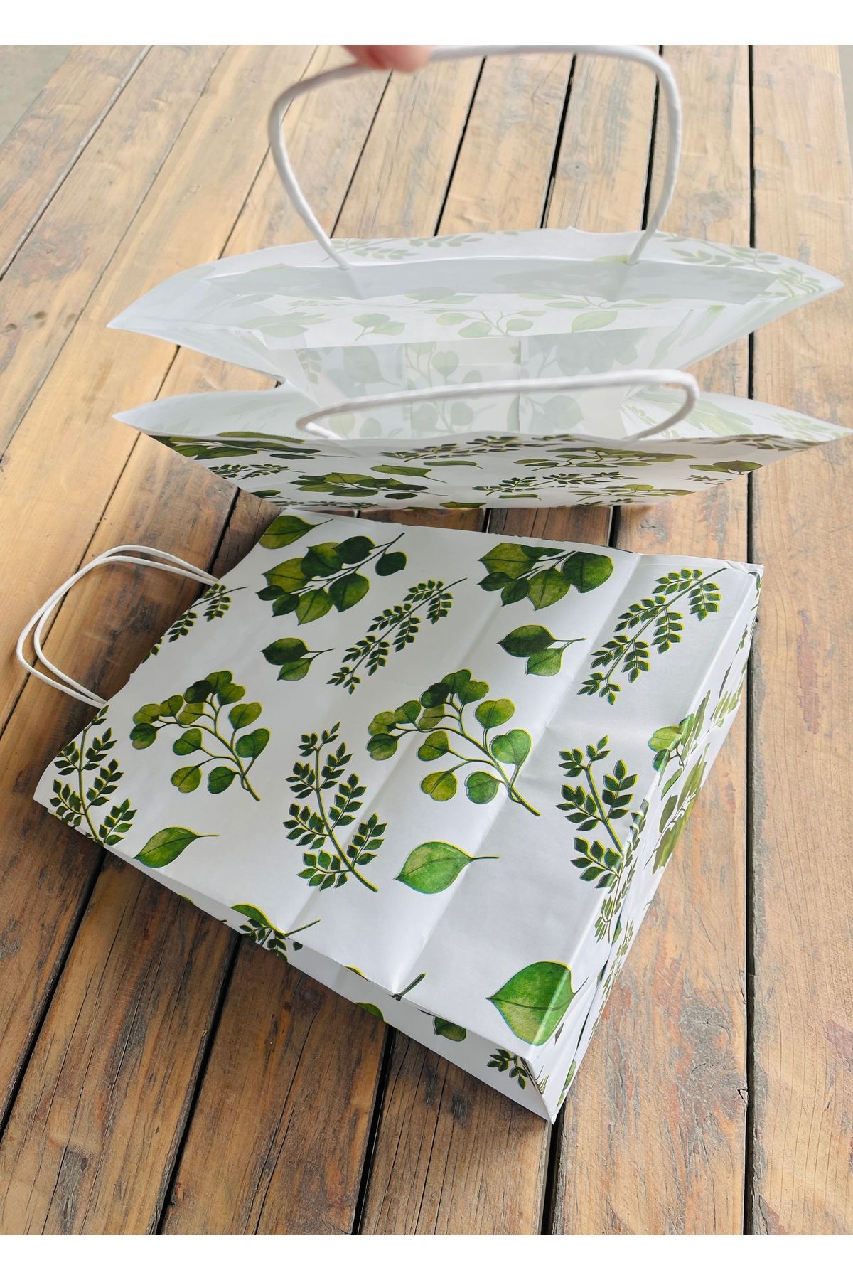 HUR-AY PACK-24 Pcs- Custom Design Leaves Printed White Paper Bags /12 Large +12 Small/ Total 24 5