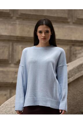 trikomode Mavi Bisiklet Yaka Oversize Kadın Yumuşak Doku Triko Kazak