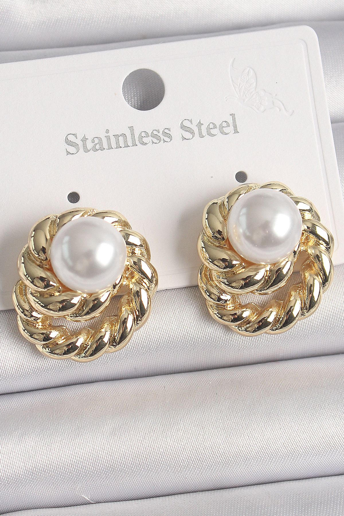 New Things Pirinç Gold Renk İncili Sarmal Burgu Model Kadın Küpe