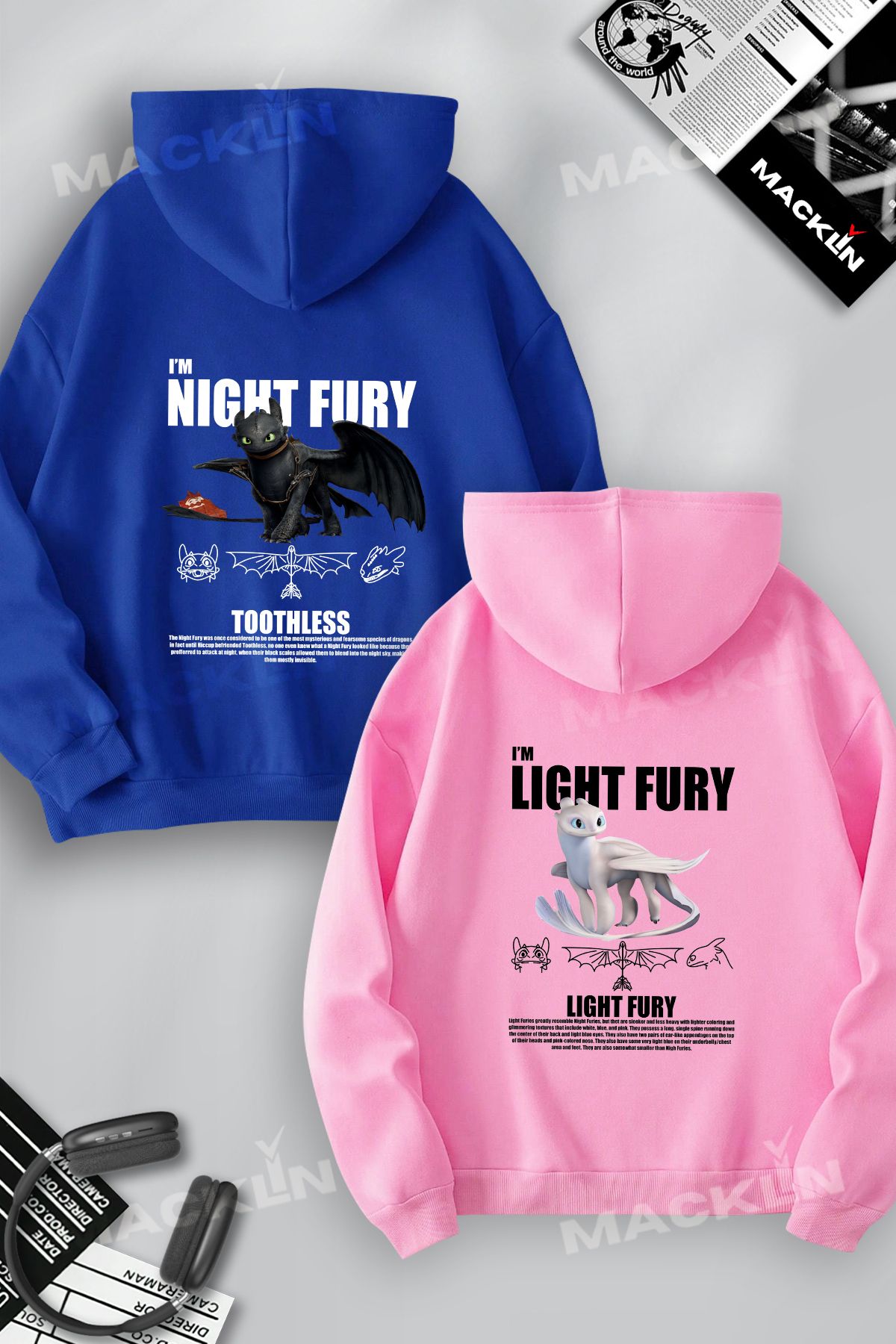 darkopia Sevgili Çift Kombini Light & Night Fury Sırt Baskılı Özel Tasarım Kapüşonlu Sweatshirt 2li Set Takım