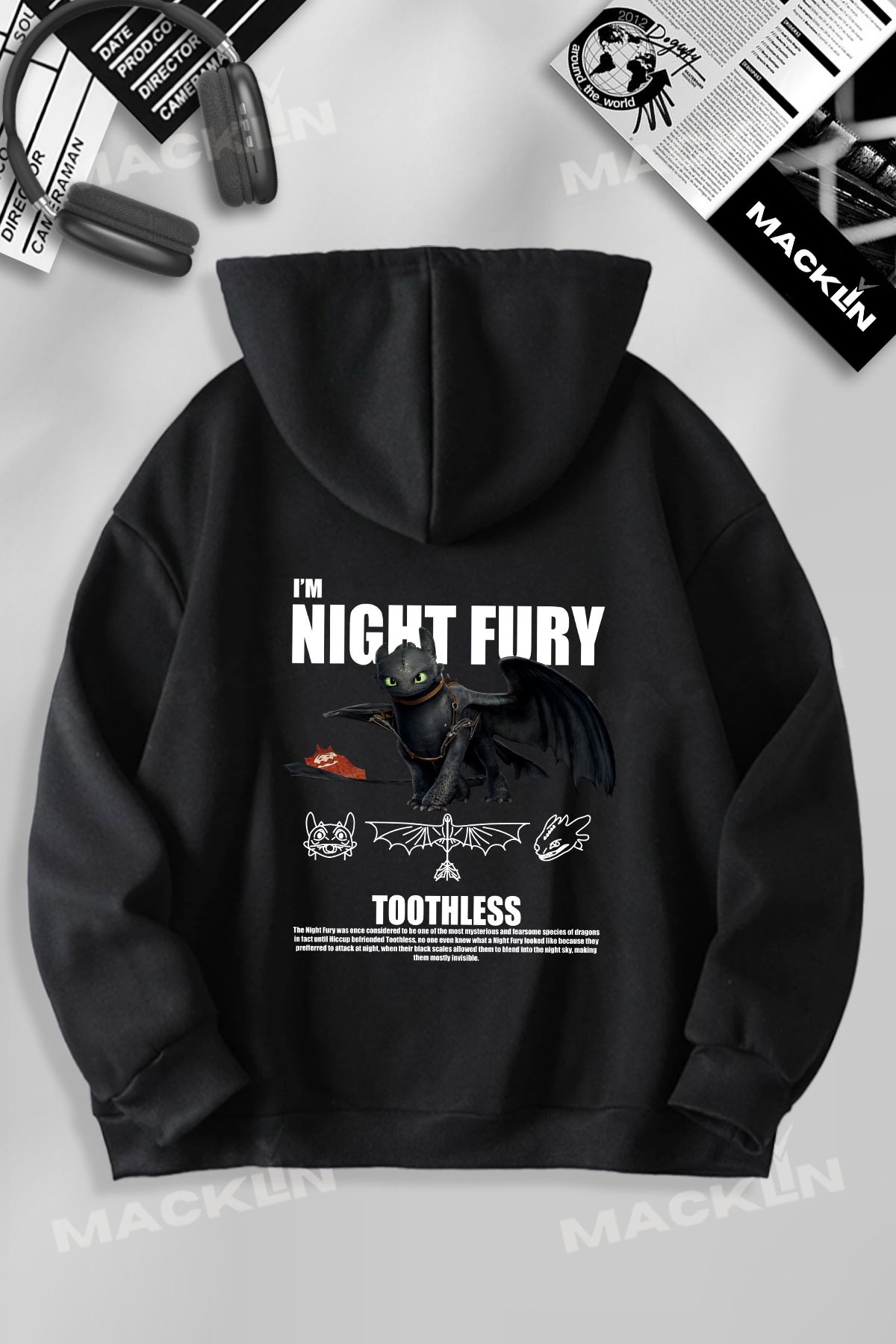 darkopia Unisex Kadın Erkek Night & Light Fury Ejderha Sırt Baskılı Kapüşonlu Basic Sweatshirt