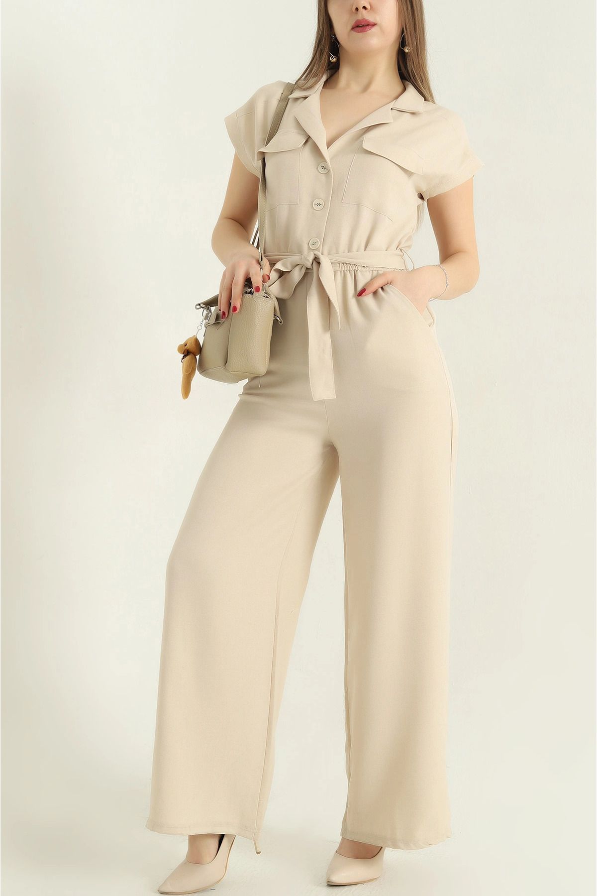 vuvutasarım-New Season Linen Jumpsuit with Stone Belt and Elastic Waist 2