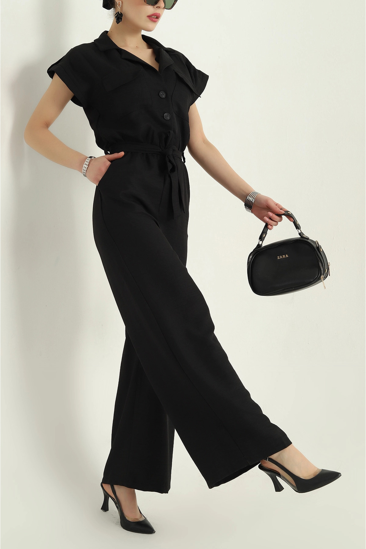 Secret Passion Lingerie-Black Belted Linen Jumpsuit with Elastic Waist 4