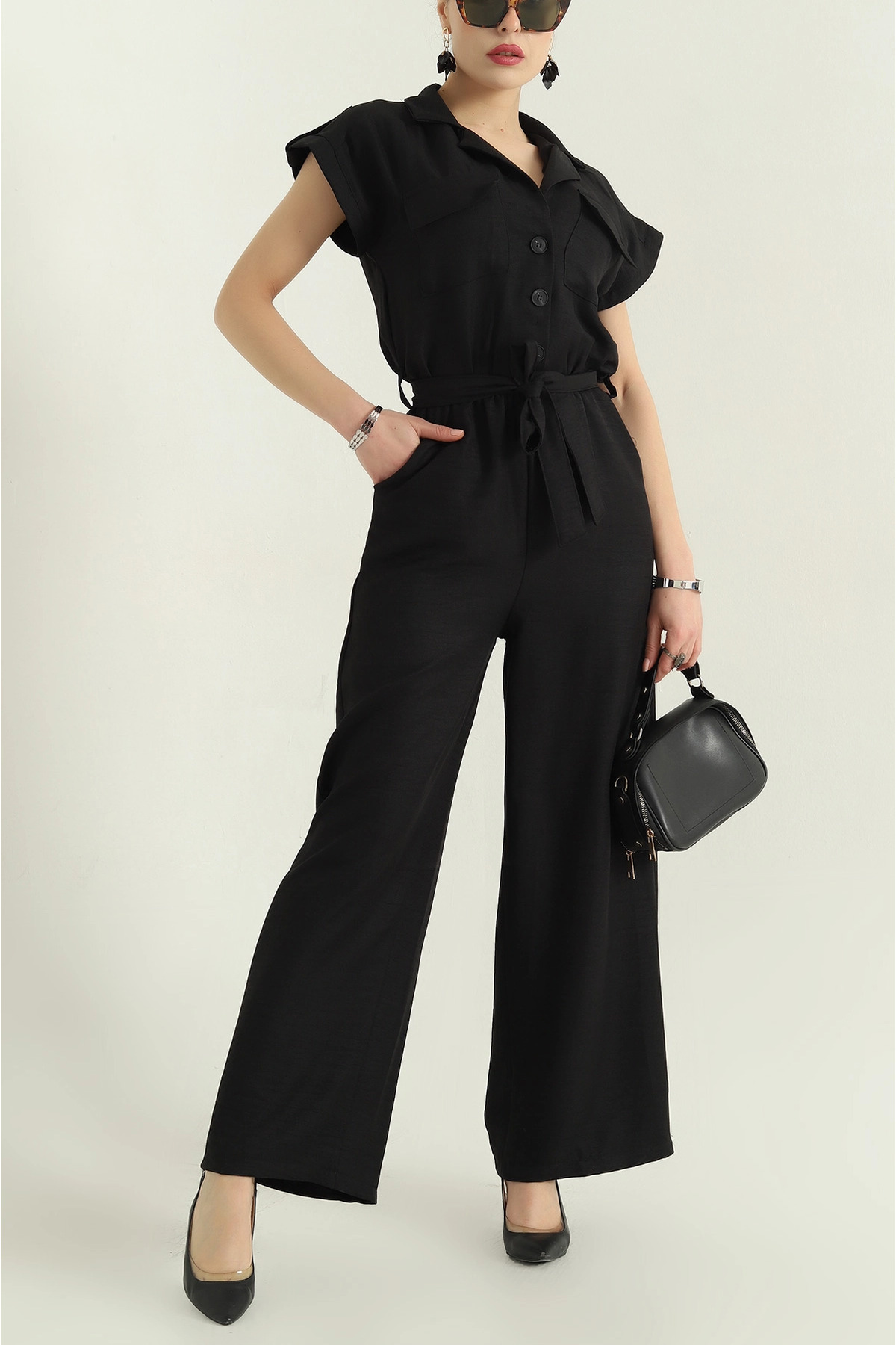 vuvutasarım-New Season Black Belted Elastic Waist Linen Jumpsuit 1