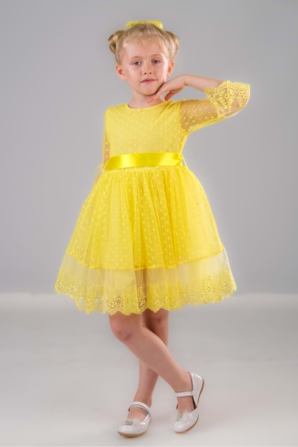 Mnk Dream Luxury Dantel Kız Çocuk Elbise MNK0327 SARI fotoğrafı 3 (önizleme)