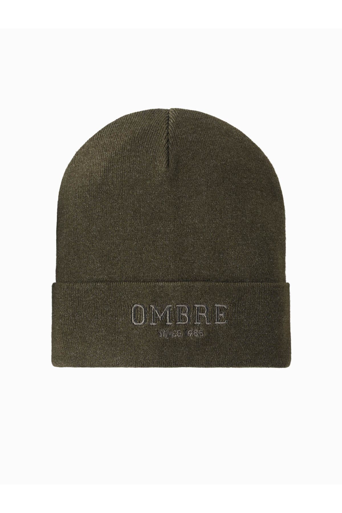 OMBRE-Men's knitted beanie cap with embroidered inscription - olive V5 OM-ACWH-0120 2