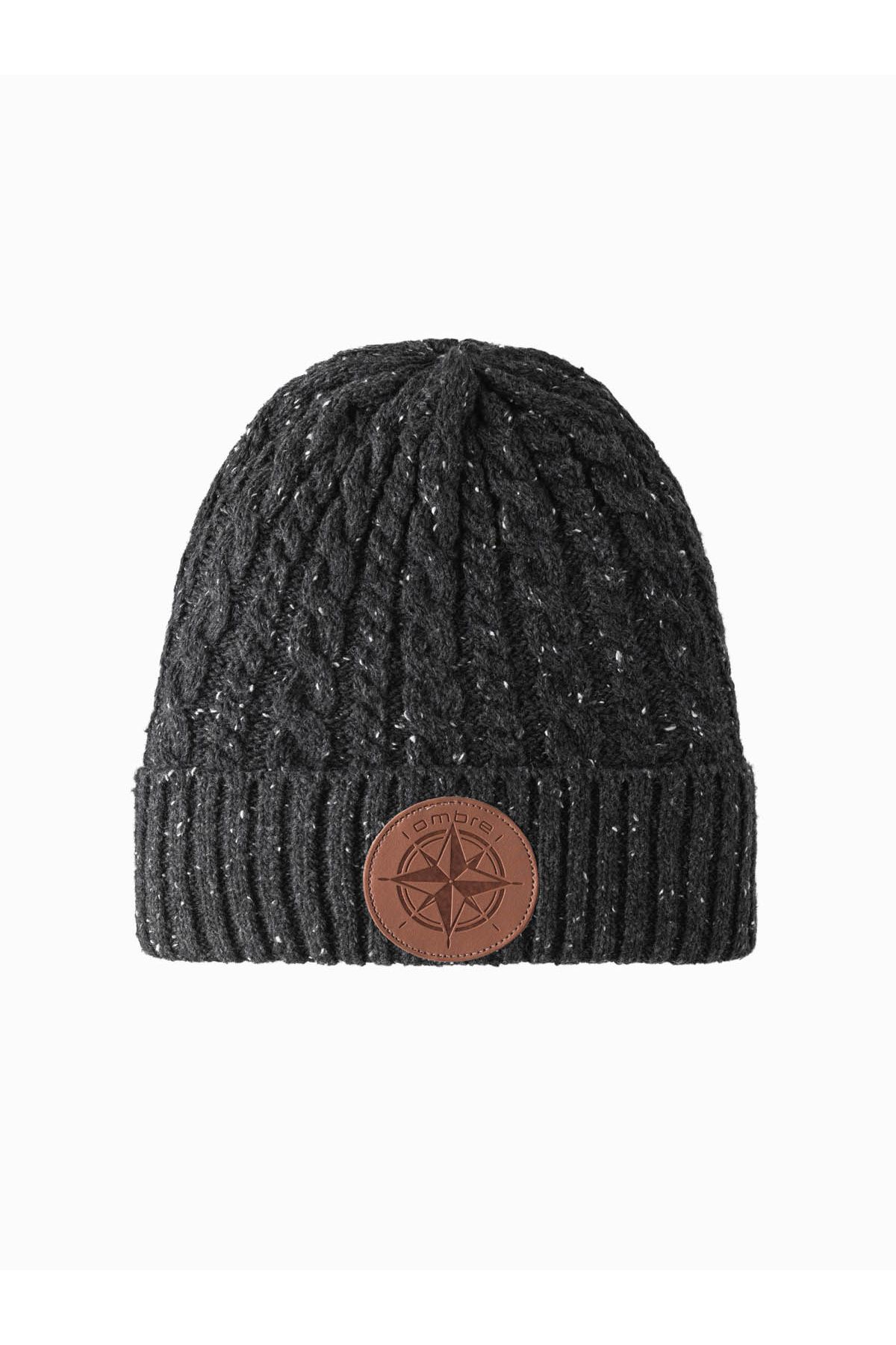 OMBRE-Men's beanie cap with round embossed patch - graphite V1 OM-ACWH-0121 2