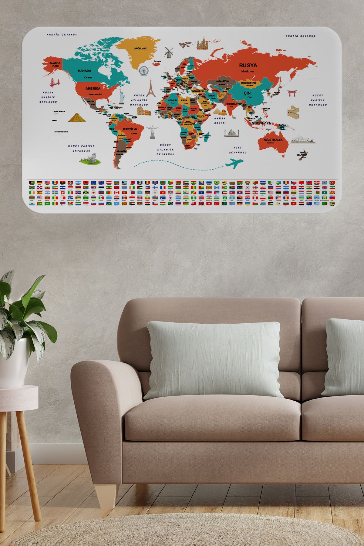 Atik Tasarım Türkçe Ülke Bayrak lı Eğitici Başkent Detaylı Atlası Dünya Haritası Duvar Sticker -60x105-3858
