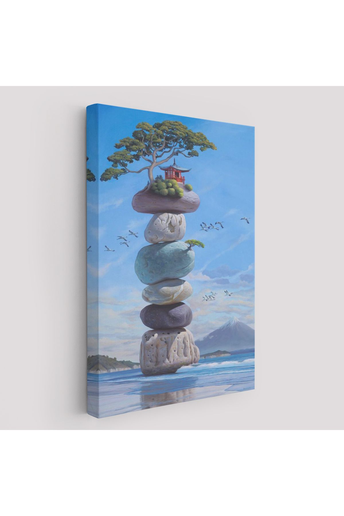Atik Tasarım Sahilde Renkli Denge Taşları, Meditasyon, Yoga, Spiritüel Baskı Kanvas Tablo-5239