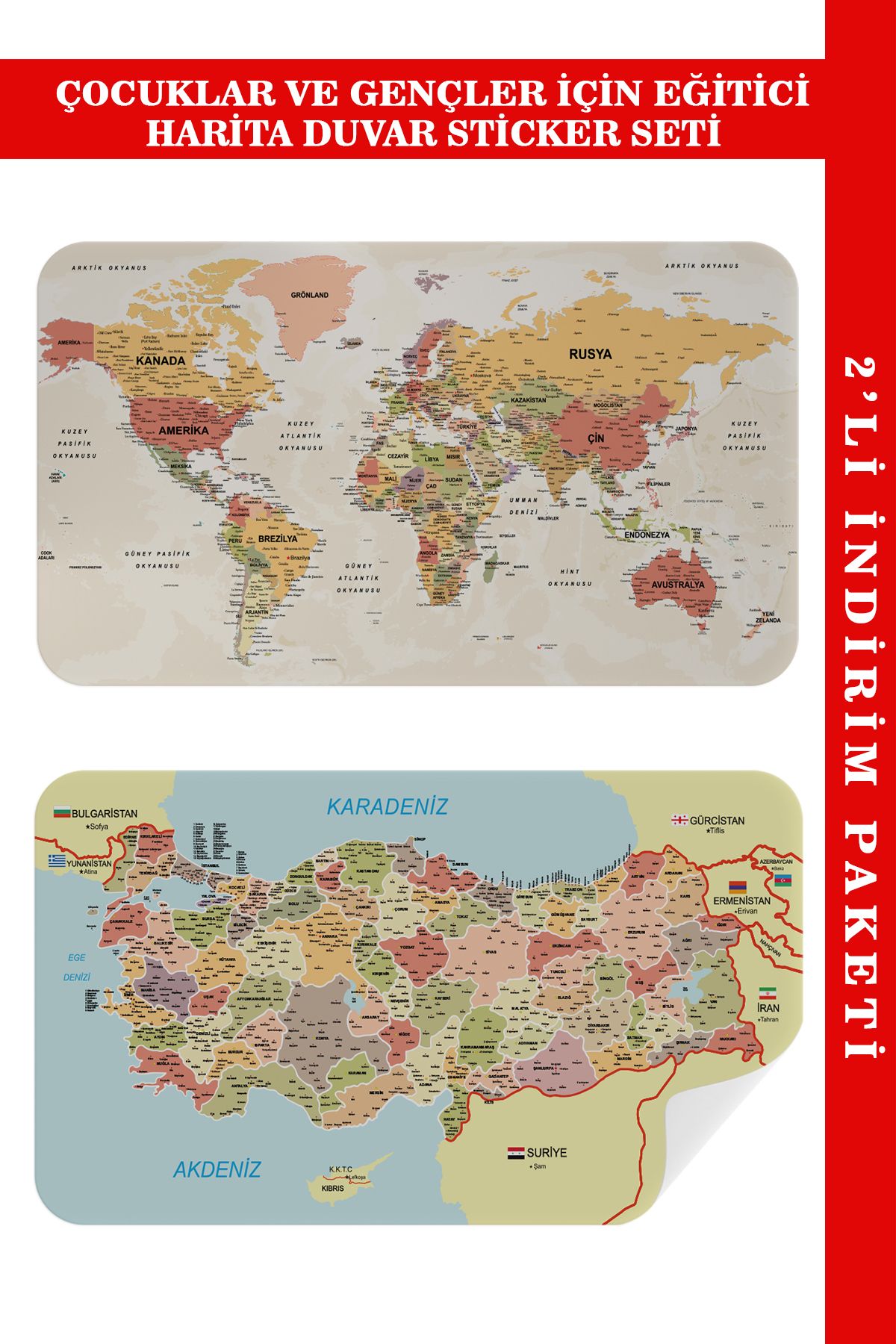 Haye Collection Eğitici - Öğretici Dünya ve Türkiye Haritası Çocuk Odası Duvar Sticker-85x130-3890