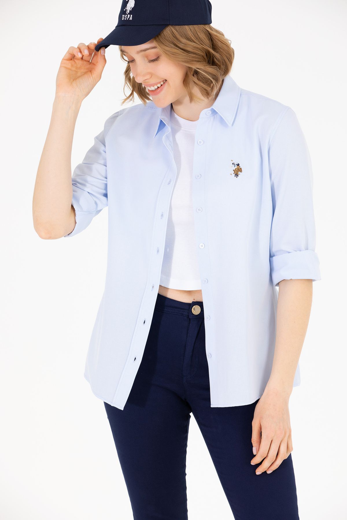 U.S. Polo Assn.-قميص نسائي أساسي أزرق فاتح بأكمام طويلة 50262888 -VR003 1