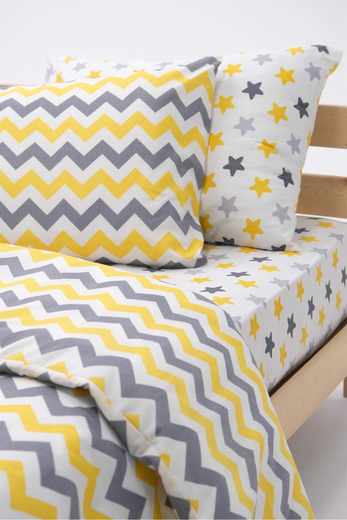 FAVORA-Zigzag Patterned Elastic Sheet Cotton Single Duvet Cover Set - Yellow 2