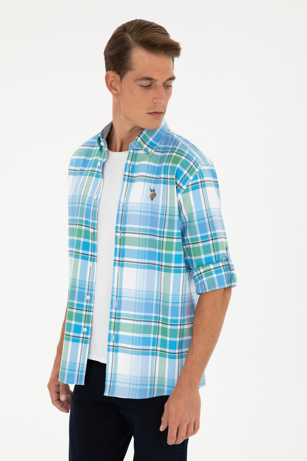 U.S. Polo Assn. Erkek Saks Uzun Kollu Gömlek 50283727-VR045 — آبی 1026036