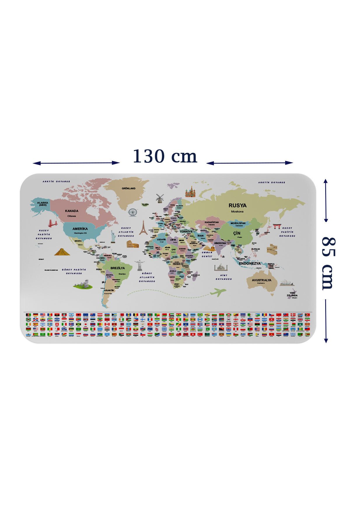 Haye Collection Türkçe Ülke Bayrak lı Eğitici Başkent Detaylı Atlası Dünya Haritası Duvar Sticker-85x130-3859