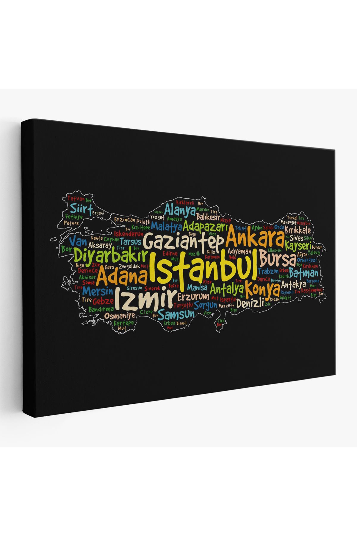 Atik Tasarım İller İsimli Siyah Zeminli Dekoratif Kanvas Tablo 1005