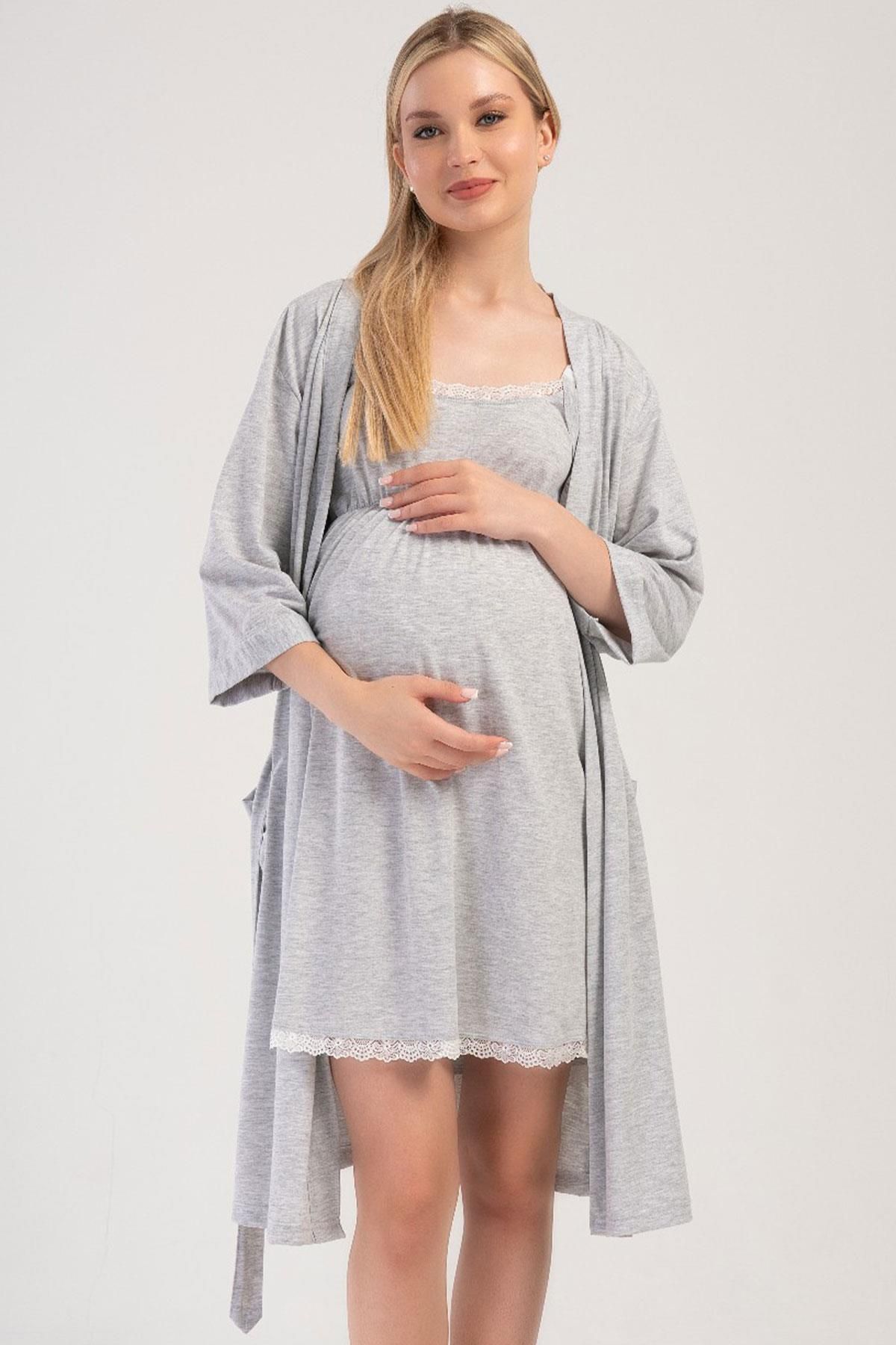 VİENETTA-Maternity Gray Melange Women's Nightgown and Dressing Gown - C8T7N3O504 1