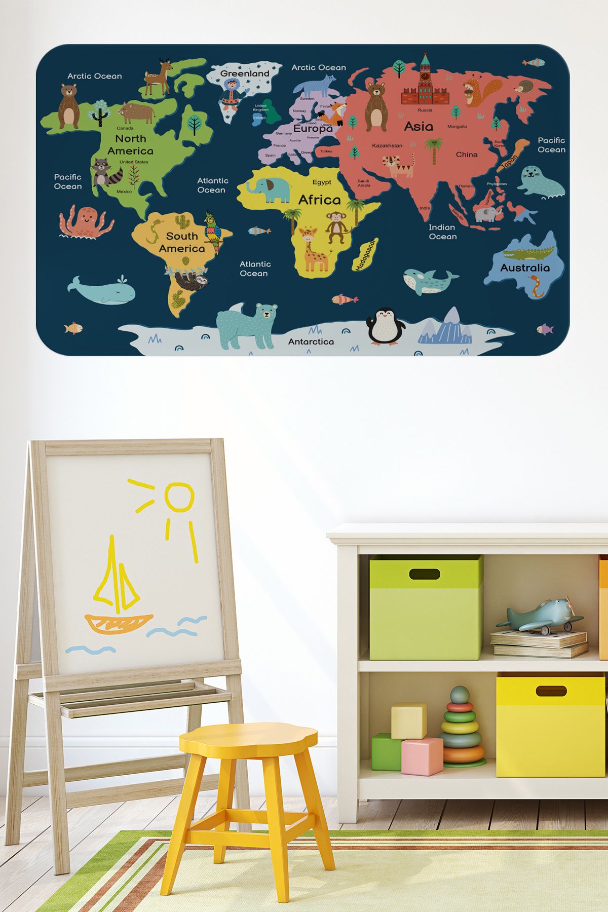 Haye Collection Eğitici Dünya Haritası Dünya Atlası Çocuk ve Bebek Odası Duvar Sticker -60x105-3810