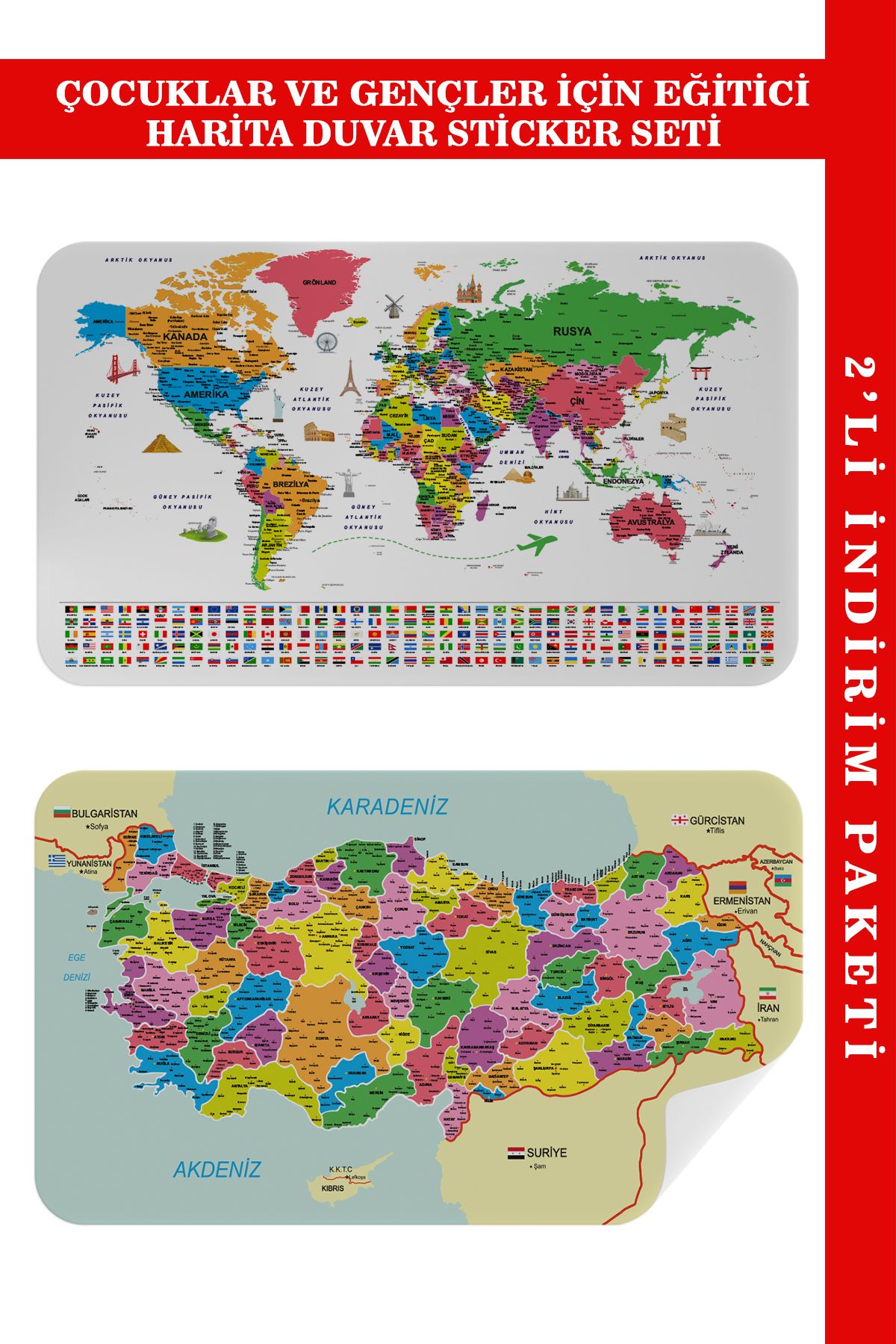 Atik Tasarım Eğitici - Öğretici Dünya ve Türkiye Haritası Çocuk Odası Duvar Sticker-85x130-3885