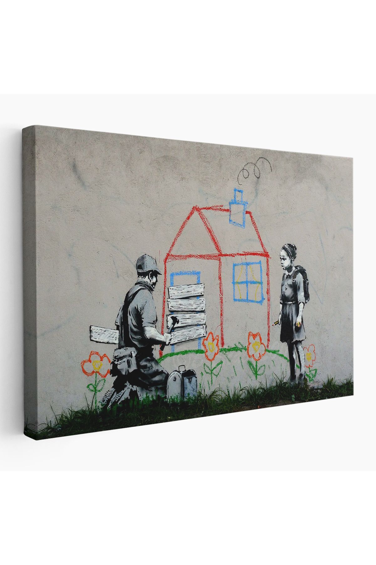 Jusoon Bansky Çocuğun Çizdiği Evin Kapısını Kapatan Adam Kanvas Tablo-5019
