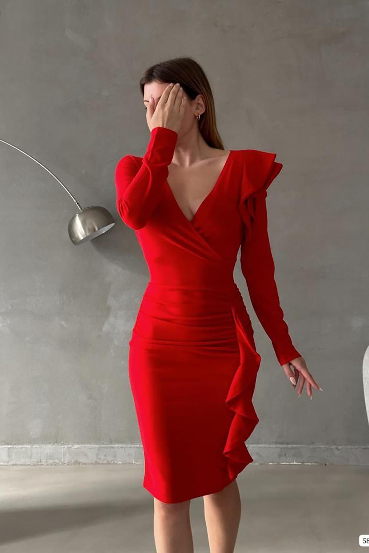 Deafox-Rotes Kleid aus Crêpe-Stoff mit zweireihigem Kragen und Rüschendetail und langen Ärmeln 2