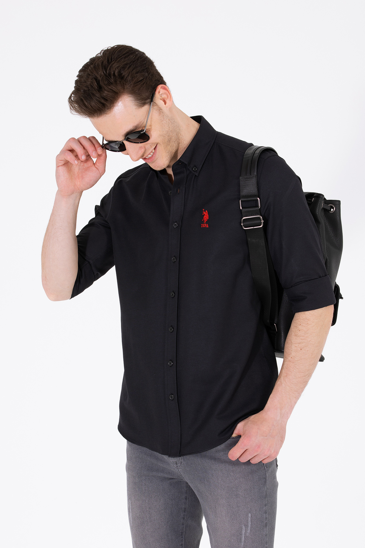 یو اس پولو پیراهن مردانه آستین بلند مشکی ساده ۵۰۲۶۲۹۳۴-VR۰۴۶