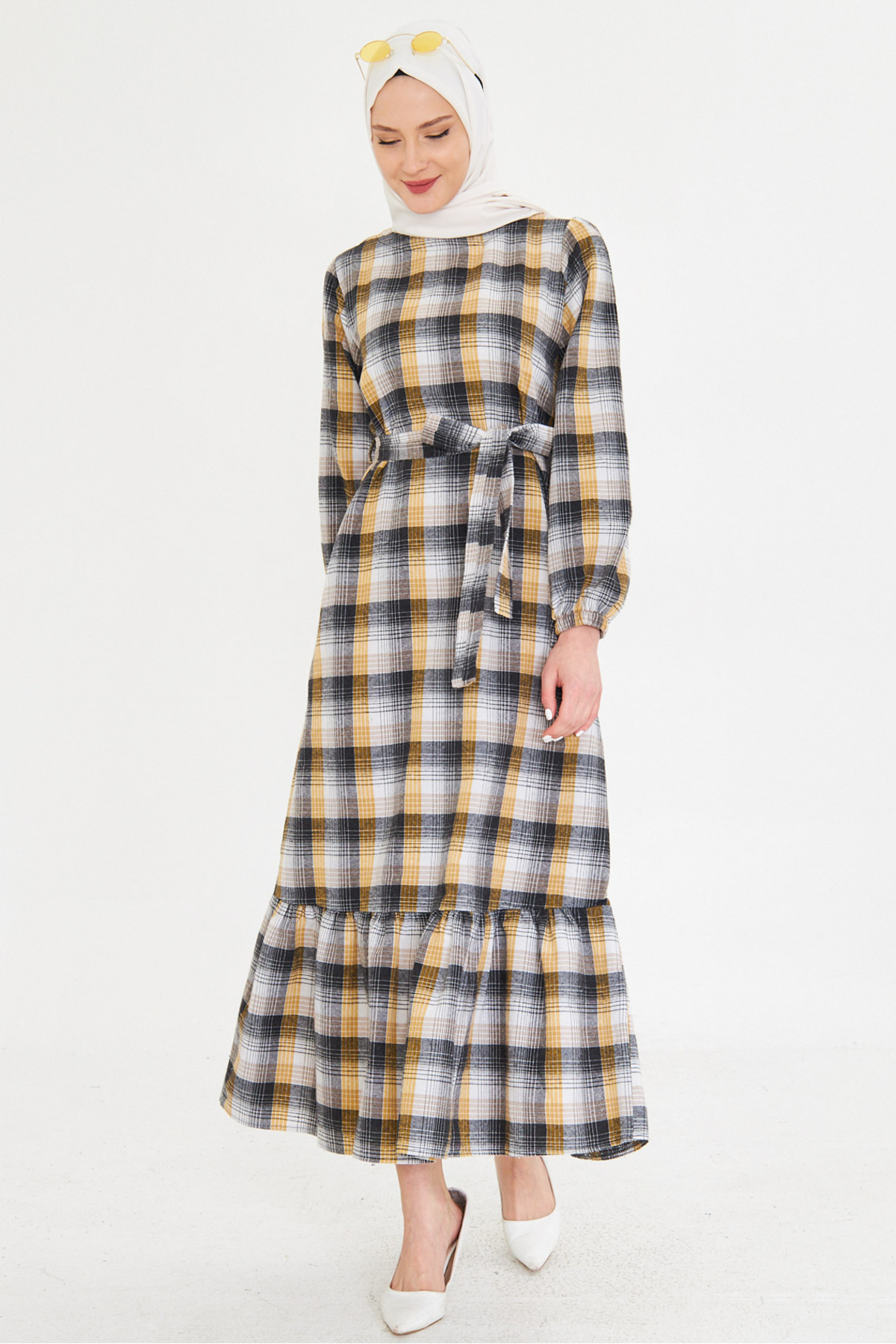 armonika-Rochie de damă, galbenă, cu gâtul în formă de zero, cu fermoar la spate, la capăt, cu volane, evantai, lungă, musulmană, ARM-25K 001102 2