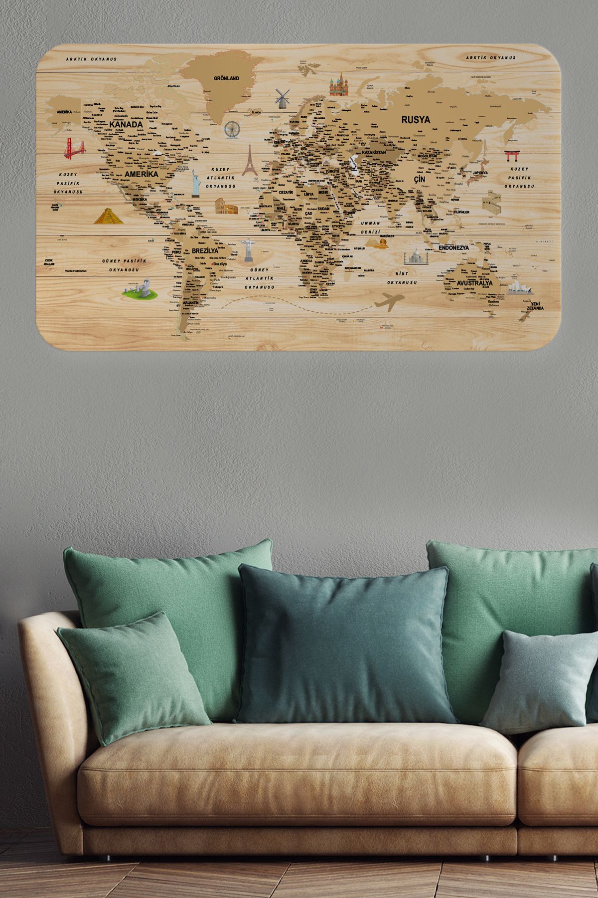 Atik Tasarım Ahşap Görünümlü Türkçe Eğitici Detaylı Atlası Dünya Haritası Duvar Sticker -60x105-3843