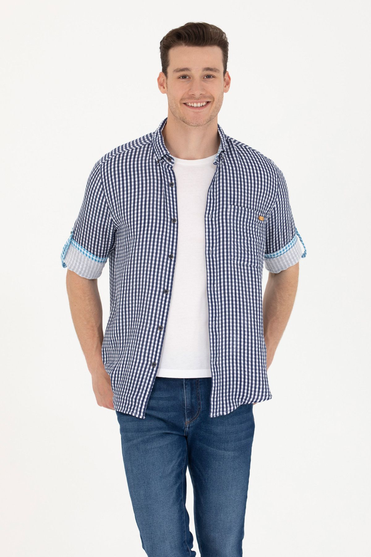 پیراهن آبی سرمه ای چهارخانه مردانه 50263586-VR033 U.S. Polo Assn.