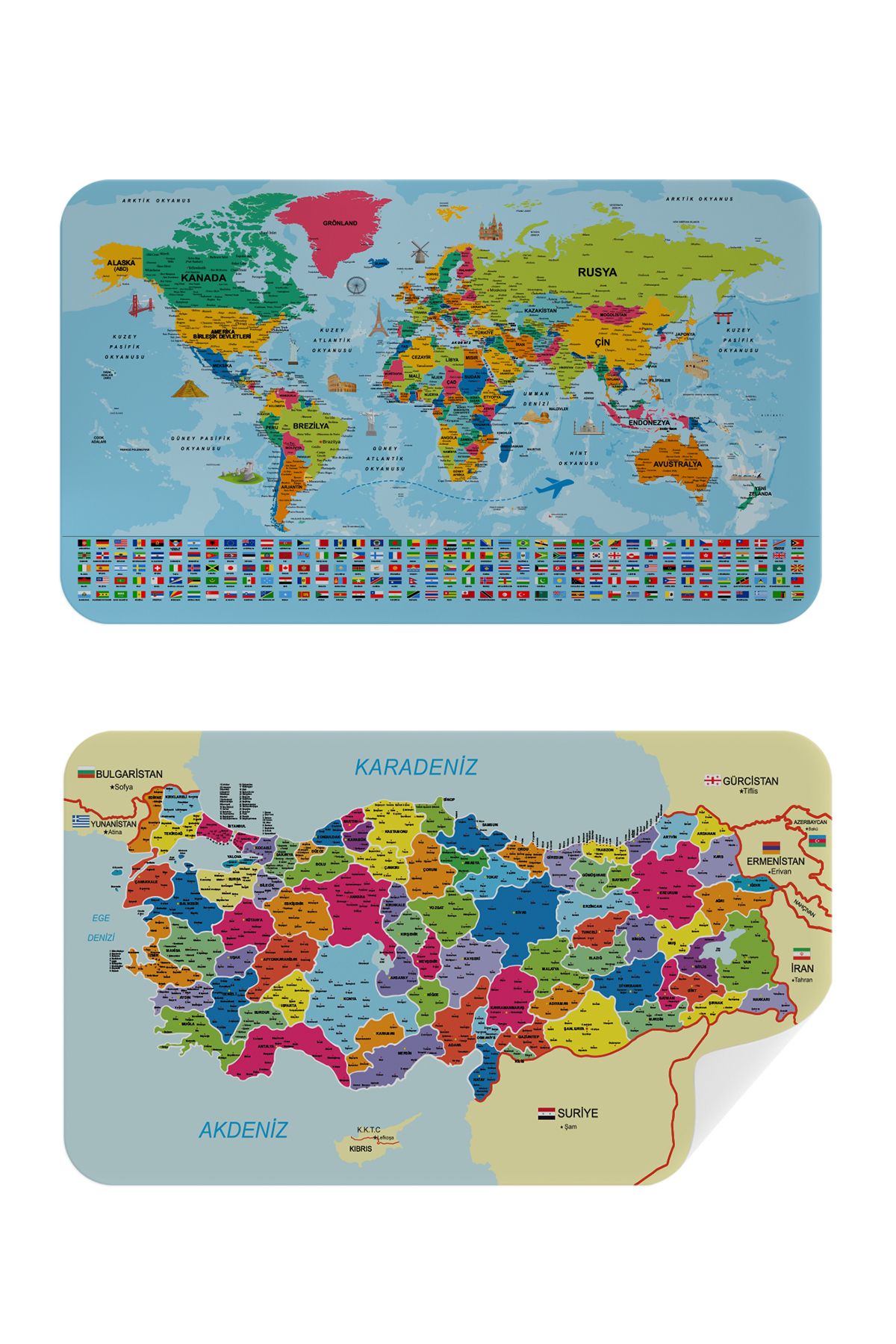Haye Collection Türkçe Dünya ve Türkiye Haritası Ülke Bayraklı Çocuk ve Genç Odası Duvar Sticker-60x105-3882bayrak
